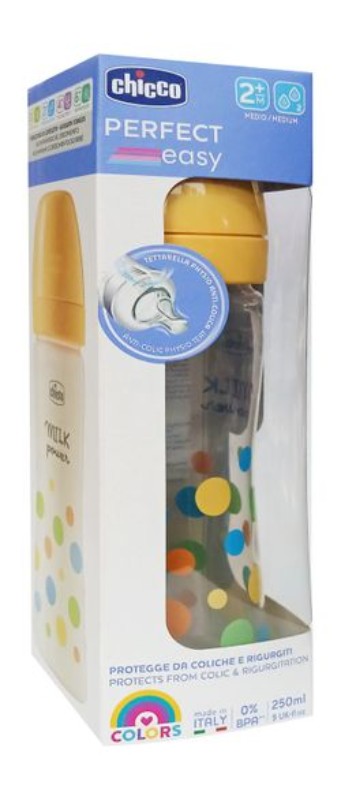 Chicco Perfect Easy Yellow 250ml Anti-Colic Medium Flow Feeding Bottle (2+ Months) - BPA free