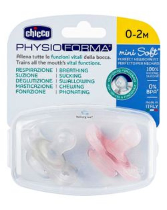 Chicco Physio Forma Mini Soft Pink & Clear Silicone Pacifiers (0-2 Months) - BPA free