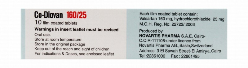 Co-Diovan 160mg Valsartan & 25mg Hydrochlorothiazide for Treating Hypertension
