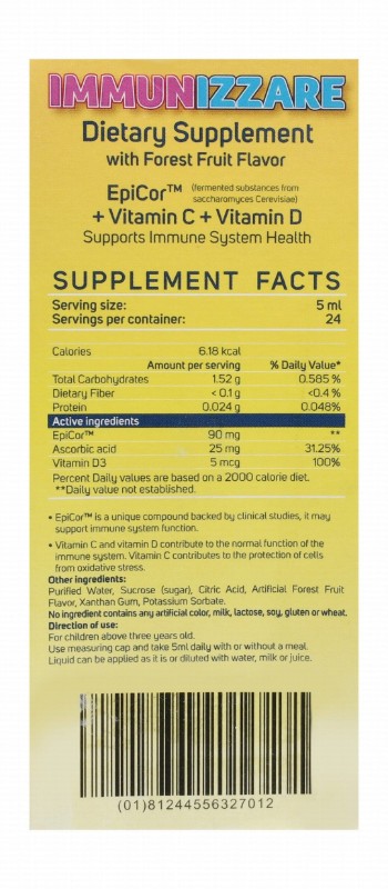 Consumed Immunizzare Kids 90mg Epicor Immune System Support Liquid Supplement Forest Fruit Flavor with Vitamin C & D (3+ Years) - gluten free, wheat free, soy free