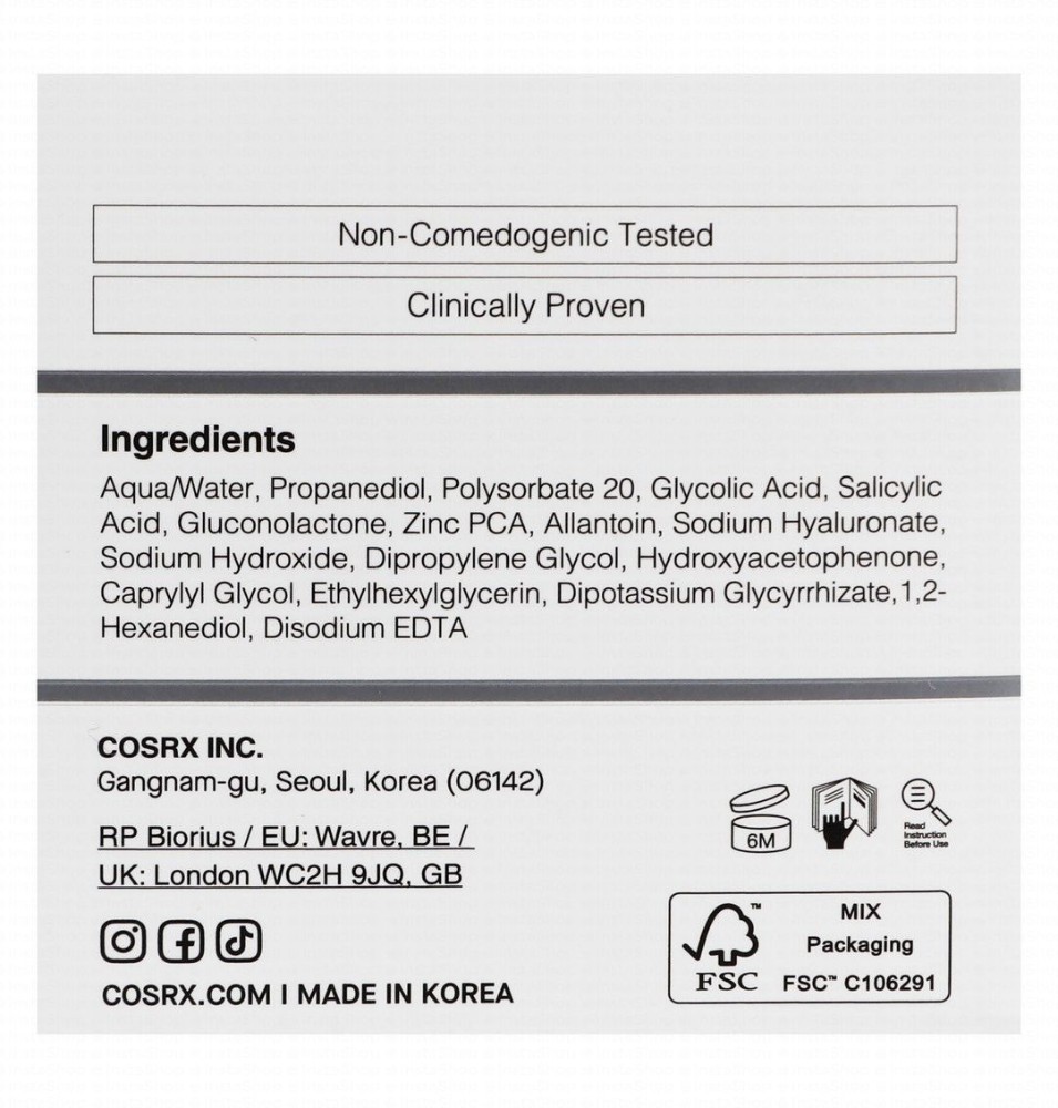 Cosrx 2% AHA & 2% BHA Sebum Controlling & Anti-Blackheads Facial Serum with PHA, Zinc PCA & Allantoin for Blemish-Prone Skin - non comedogenic