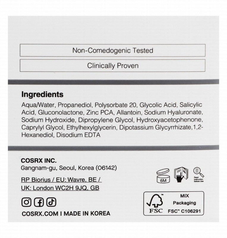 Cosrx 2% AHA & 2% BHA Sebum Controlling & Anti-Blackheads Facial Serum with PHA, Zinc PCA & Allantoin for Blemish-Prone Skin - non comedogenic