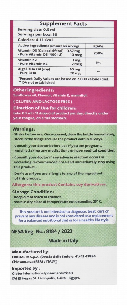 D.Dep 10mcg Vitamin D3 Oral Supplement Drops with Vitamin K2 & DHA - gluten free, lactose free