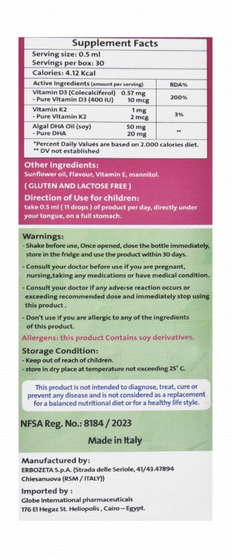 D.Dep 10mcg Vitamin D3 Oral Supplement Drops with Vitamin K2 & DHA - gluten free, lactose free