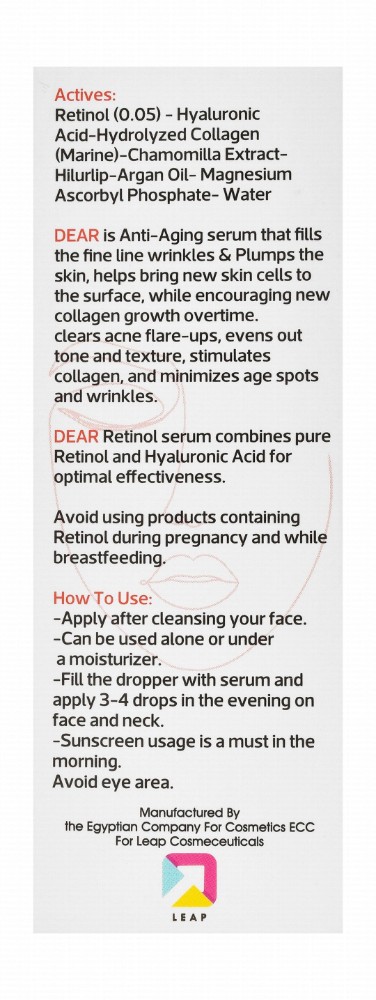Dear Hydrating, Anti-Aging & Fortifying Retinol Face Serum with Hyaluronic Acid & Collagen for Sensitive Skin
