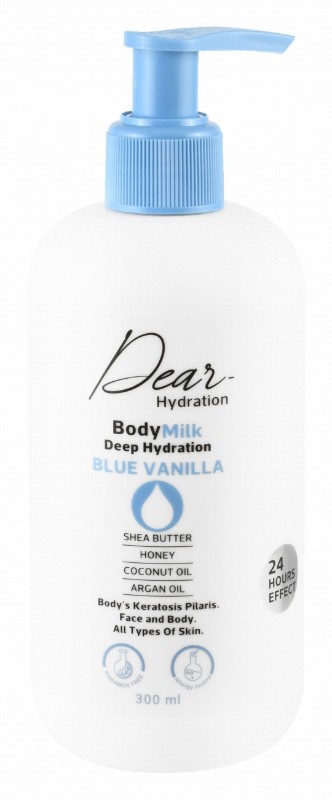 Dear Hydration Face & Body Milk Blue Vanilla Scent with Shea Butter, Honey & Coconut Oil for All Skin Types - parabens free