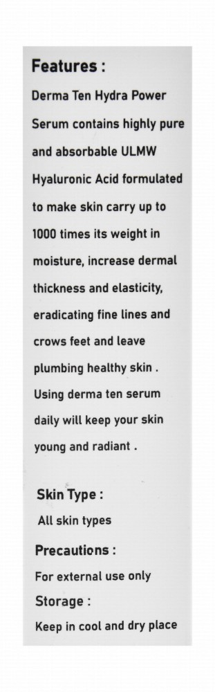 Derma Ten Hydra Power Rehydrating & Anti-Fine Lines Face Serum with Hyaluronic Acid for All Skin Types
