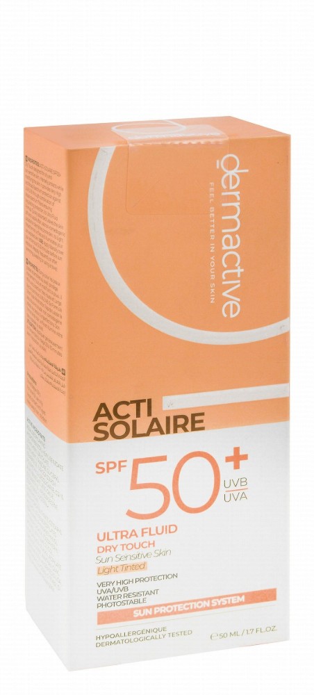 Dermactive Acti-Solaire Hypoallergenic Water-Resistant Light Tinted Ultra Fluid Dry Touch Facial Sunscreen for Oily, Acne-Prone & Sensitive Skin SPF50+ - non comedogenic