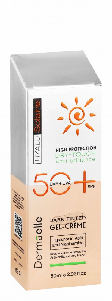 Dermaelle Hyalu Solaire Dry Touch Anti-Brilliance Tinted Face Sunscreen Gel Cream with Hyaluronic Acid & Niacinamide for Sensitive & Sun-Intolerant Skin SPF50+ Dark