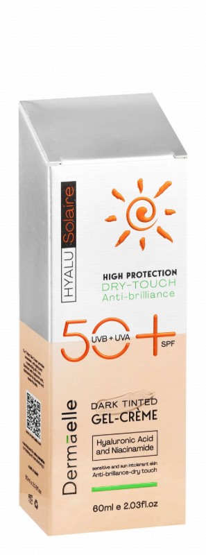 Dermaelle Hyalu Solaire Dry Touch Anti-Brilliance Tinted Face Sunscreen Gel Cream with Hyaluronic Acid & Niacinamide for Sensitive & Sun-Intolerant Skin SPF50+ Dark