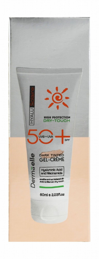 Dermaelle Hyalu Solaire Dry Touch Anti-Brilliance Tinted Face Sunscreen Gel Cream with Hyaluronic Acid & Niacinamide for Sensitive & Sun-Intolerant Skin SPF50+ Dark