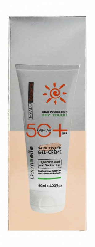 Dermaelle Hyalu Solaire Dry Touch Anti-Brilliance Tinted Face Sunscreen Gel Cream with Hyaluronic Acid & Niacinamide for Sensitive & Sun-Intolerant Skin SPF50+ Dark
