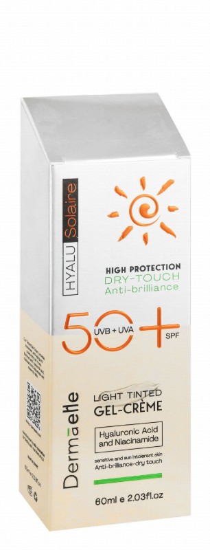 Dermaelle Hyalu Solaire Dry Touch Anti-Brilliance Tinted Face Sunscreen Gel Cream with Hyaluronic Acid & Niacinamide for Sensitive & Sun-Intolerant Skin SPF50+ Light