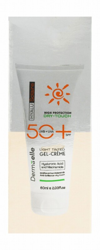 Dermaelle Hyalu Solaire Dry Touch Anti-Brilliance Tinted Face Sunscreen Gel Cream with Hyaluronic Acid & Niacinamide for Sensitive & Sun-Intolerant Skin SPF50+ Light