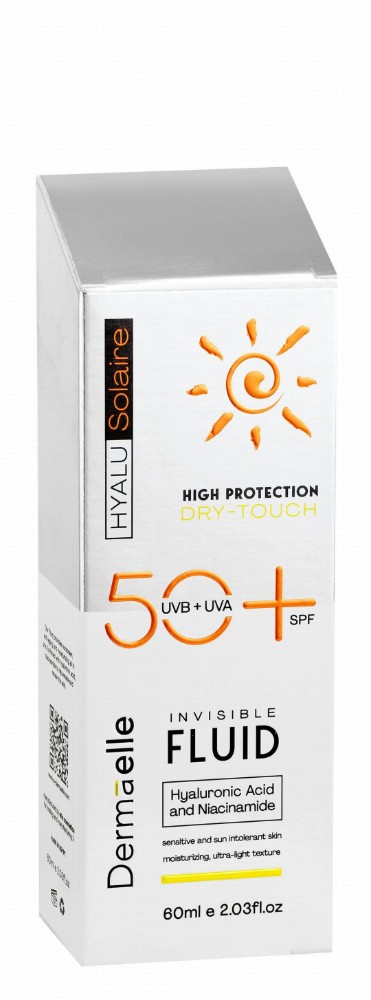 Dermaelle Hyalu Solaire Dry Touch Lightweight Moisturizing Face Sunscreen Fluid with Hyaluronic Acid & Niacinamide for Sensitive & Sun-Intolerant Skin SPF50+