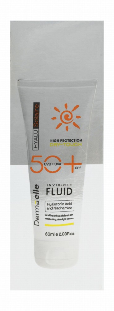 Dermaelle Hyalu Solaire Dry Touch Lightweight Moisturizing Face Sunscreen Fluid with Hyaluronic Acid & Niacinamide for Sensitive & Sun-Intolerant Skin SPF50+