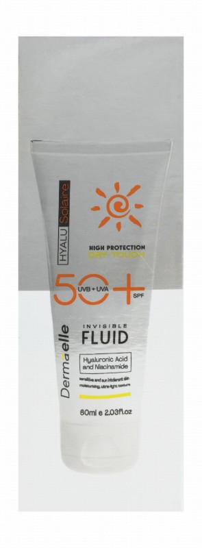 Dermaelle Hyalu Solaire Dry Touch Lightweight Moisturizing Face Sunscreen Fluid with Hyaluronic Acid & Niacinamide for Sensitive & Sun-Intolerant Skin SPF50+