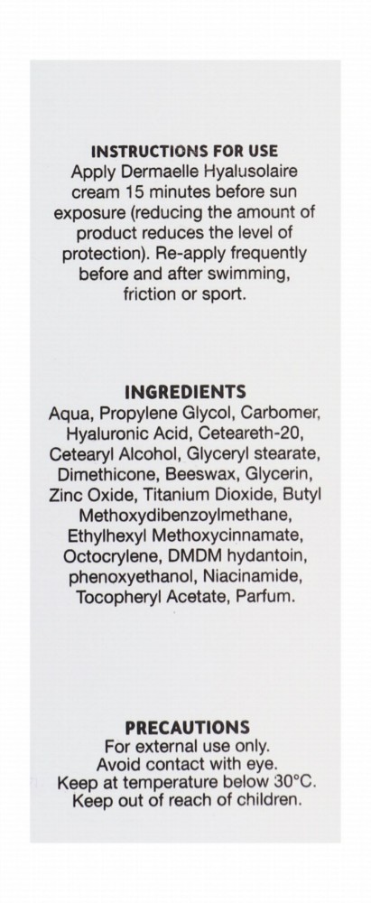 Dermaelle Hyalu Solaire Water-Resistant Facial Sunscreen with Hyaluronic Acid & Niacinamide for Sensitive & Sun Intolerant Skin SPF50+