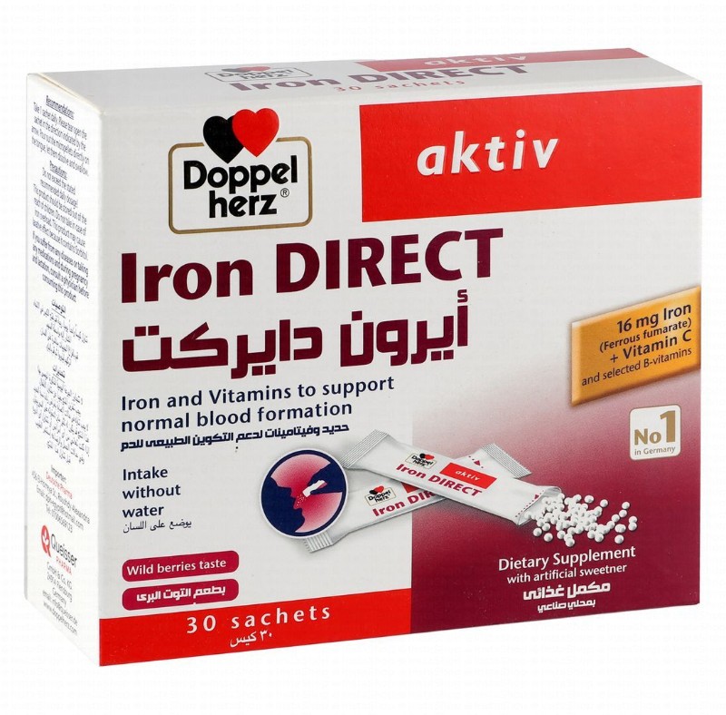 Doppelherz Aktiv Direct 16mg Iron Normal Blood Formation Support Supplement Sachets Wild Berries Flavor with Vitamins C, B12 & B6 - lactose free, gluten free