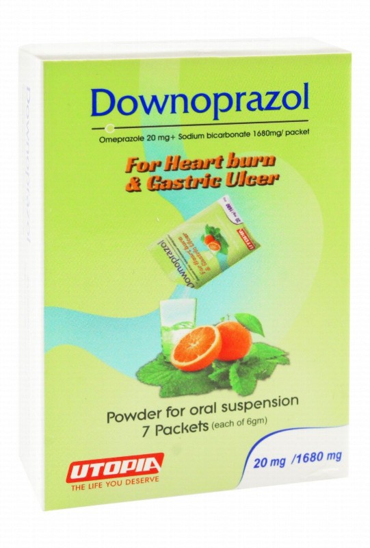 Downoprazol 1680mg Sodium Bicarbonate & 20mg Omeprazole Oral Suspension Powder Sachets for Heart Burn & Gastric Ulcer