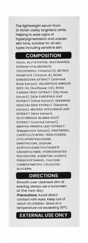 Dr Elvish White Max Moisturizing, Refining & Whitening Facial Night Serum with Glutathione & Niacinamide for All Skin Types - non comedogenic