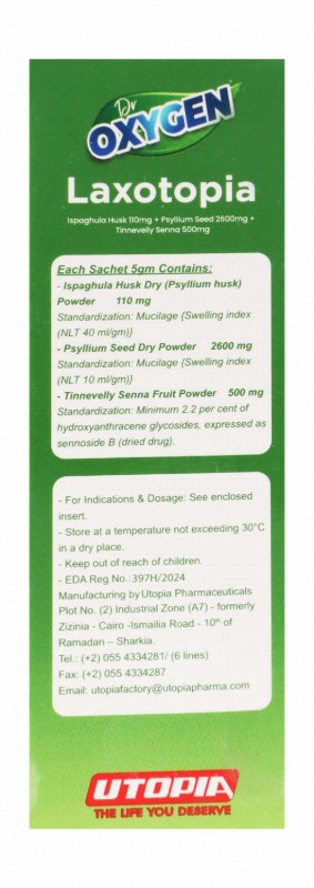Dr Oxygen Laxotopia 110mg Ispaghula Husk, 2600mg Psyllium Seed & 500mg Tinnevelly Senna Occasional Constipation Relief Sachets