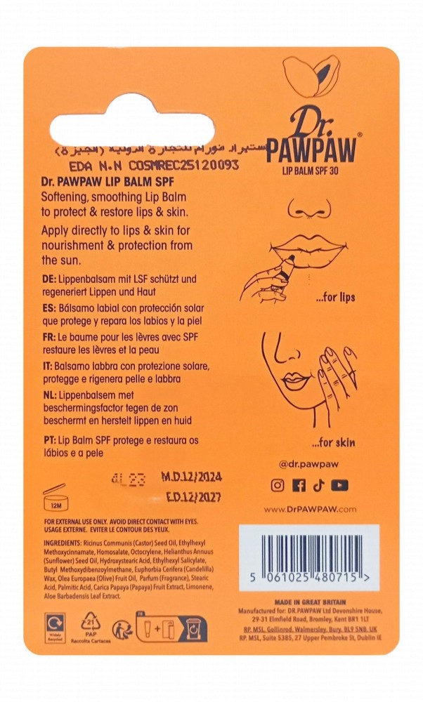 Dr. PawPaw Multipurpose Smoothing, Hydrating & Nourishing Lip Balm with Pawpaw SPF30