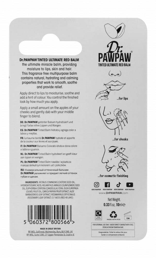 Dr. PawPaw Soothing, Hydrating & Nourishing Multipurpose Tinted Balm with Papaya Extract Red - vegan, cruelty free
