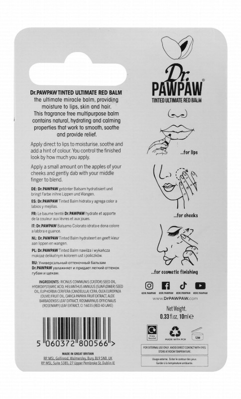 Dr. PawPaw Soothing, Hydrating & Nourishing Multipurpose Tinted Balm with Papaya Extract Red - vegan, cruelty free