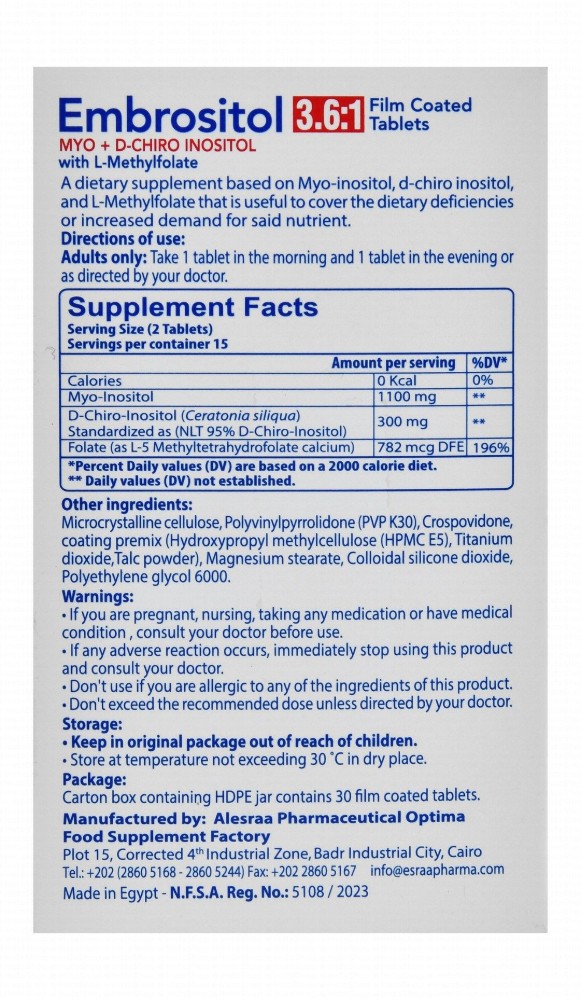 Embrositol 3.6:1 1100mg Myo-Inositol & 300mg D-Chiro Inositol Women's Health Support Supplement with L-Methylfolate