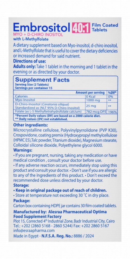 Embrositol 40:1 1000mg Myo-Inositol & 25mg D-Chiro Inositol Women's Health Support Supplement with L-Methylfolate