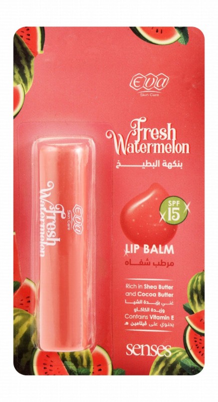 Eva Skin Care Senses Lip Balm Fresh Watermelon Flavor with Shea, Cocoa Butter & Vitamin E for Dry & Cracked Lips SPF15