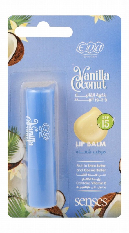 Eva Skin Care Senses Lip Balm Vanilla Coconut Flavor with Vitamin E, Shea & Cocoa Butter for Dry & Cracked Lips SPF15