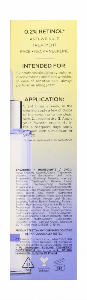 Eveline Cosmetics 0.2% Retinol Brightening & Anti-Wrinkle Face Night Serum Shot with Squalane Niacinamide - vegan, cruelty free