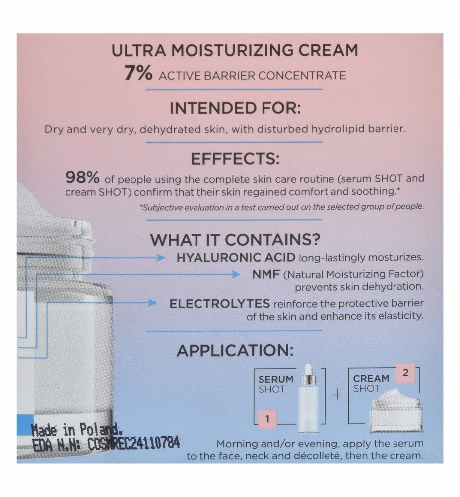 Eveline Cosmetics Cream Shot Ultra Hydrating & Smoothing Face Cream with Hyaluronic Acid, NMF & Electrolytes for Dry, Very Dry & Dehydrated Skin