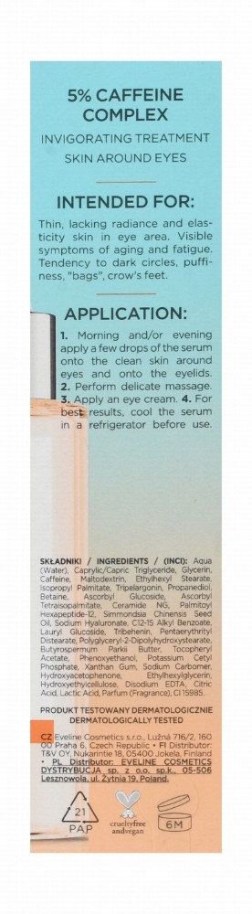 Eveline Cosmetics Face Therapy Professional 5% Caffeine Deep Hydrating, Anti-Fatigue & Anti-Puffiness Eye Serum Shot with Hyaluronic Acid, Vitamin C & Cg - vegan, cruelty free