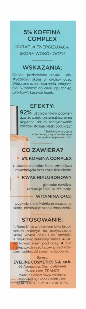 Eveline Cosmetics Face Therapy Professional 5% Caffeine Deep Hydrating, Anti-Fatigue & Anti-Puffiness Eye Serum Shot with Hyaluronic Acid, Vitamin C & Cg - vegan, cruelty free