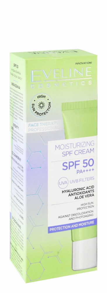 Eveline Cosmetics Face Therapy Professional Moisturizing, Protecting & Anti-Photoaging Sunscreen with Hyaluronic Acid, Antioxidant & Aloe Vera SPF50 PA++++ - vegan, cruelty free