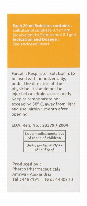 Farcolin 0.1g/20ml Salbutamol Bronchodilator & Anti-Asthmatic Respirator Solution