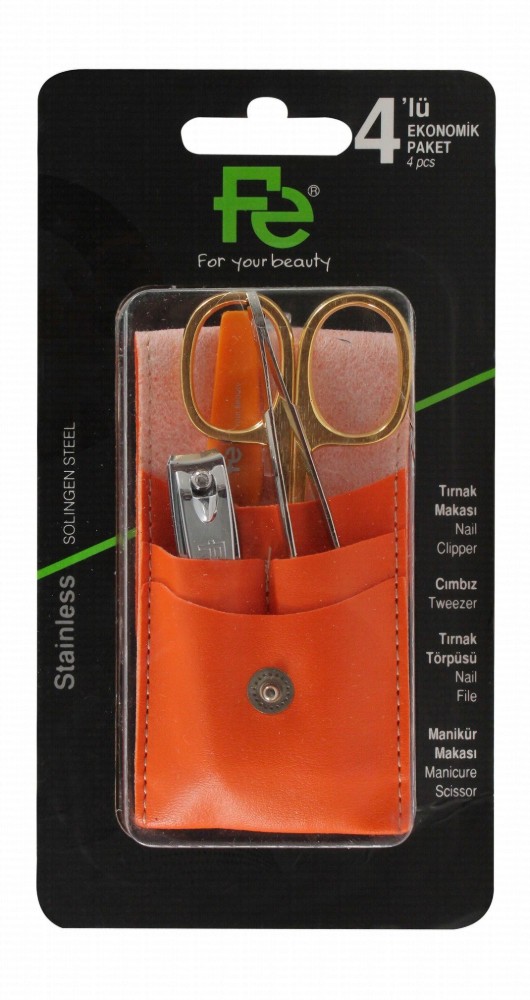 Fe Stainless Steel Grooming Kit with Orange Leather Case