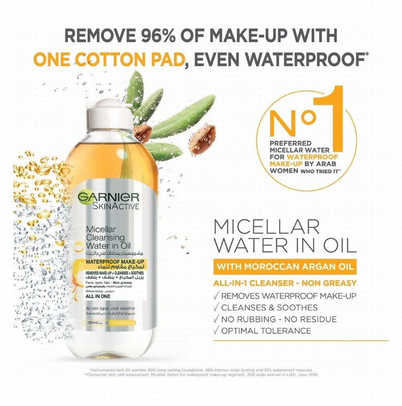 Garnier Skin Active All in 1 Waterproof Non-Greasy Makeup Remover & Cleansing Micellar Water in Oil for All Skin Types - alcohol free, perfume free