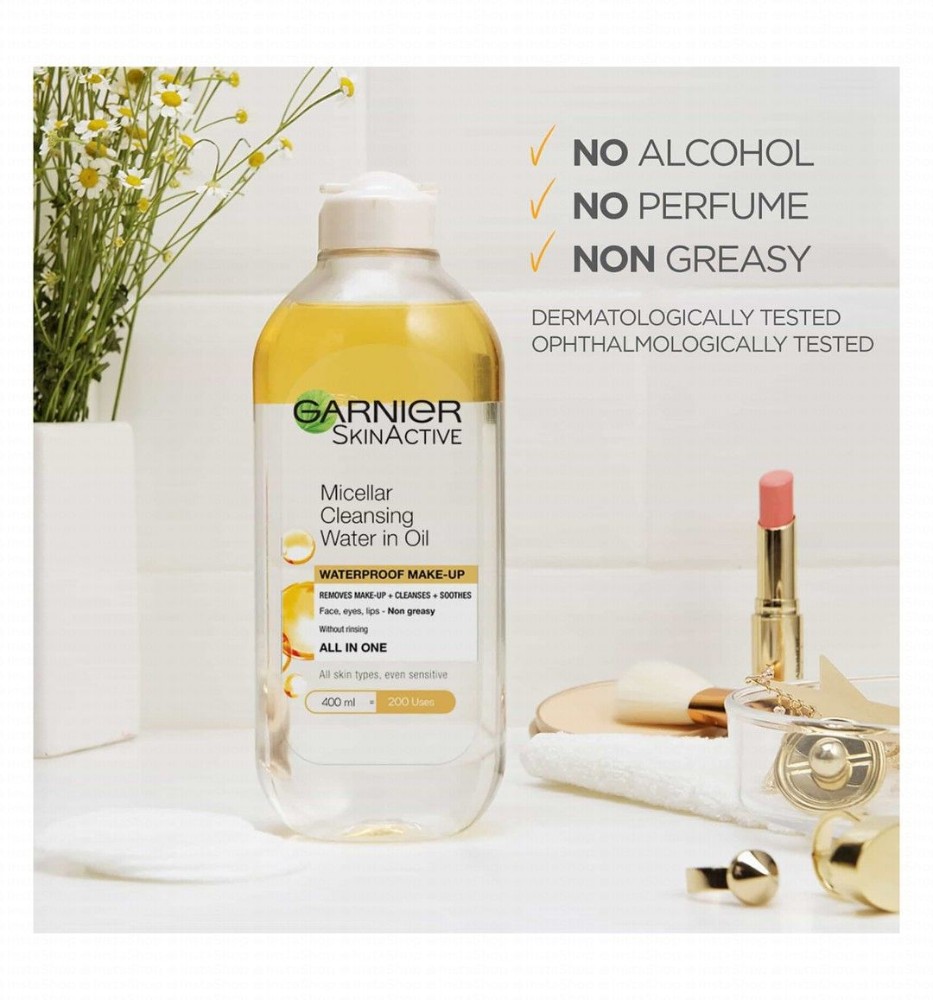Garnier Skin Active All in 1 Waterproof Non-Greasy Makeup Remover & Cleansing Micellar Water in Oil for All Skin Types - alcohol free, perfume free