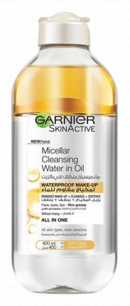 Garnier Skin Active All in 1 Waterproof Non-Greasy Makeup Remover & Cleansing Micellar Water in Oil for All Skin Types - alcohol free, perfume free
