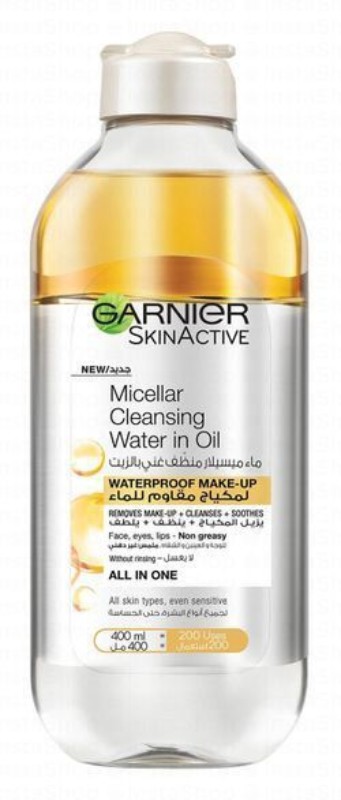 Garnier Skin Active All in 1 Waterproof Non-Greasy Makeup Remover & Cleansing Micellar Water in Oil for All Skin Types - alcohol free, perfume free