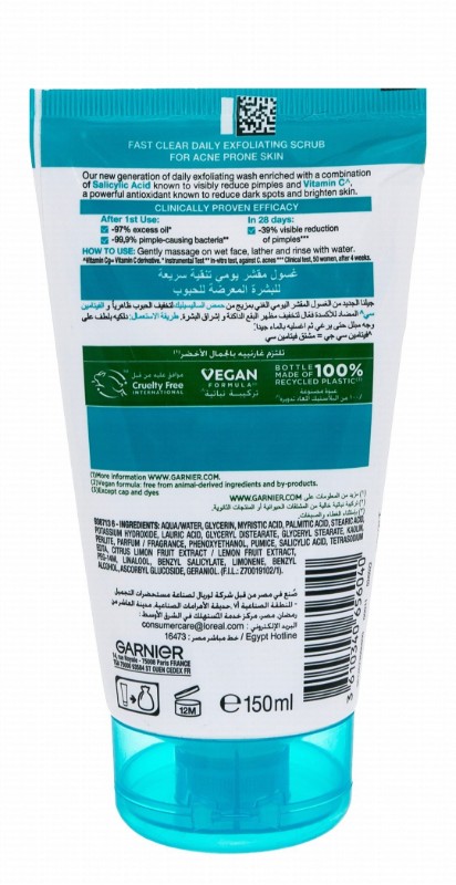 Garnier Skin Active Fast Clear Daily Exfoliating Scrub Face Wash for Acne Prone Skin with Salicylic Acid & Vitamin C - vegan, cruelty free