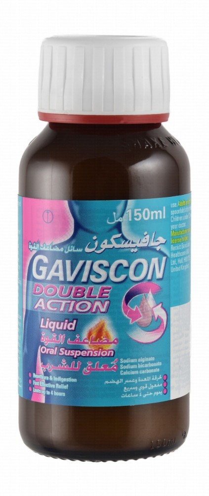 Gaviscon Double Action 500mg/10ml Sodium Alginate, 213mg/10ml Sodium Bicarbonate & 325mg/10ml Calcium Carbonate Oral Suspension Liquid Peppermint Flavor for Heartburn & Indigestion Relief (12+ Years) - sugar free, gluten free
