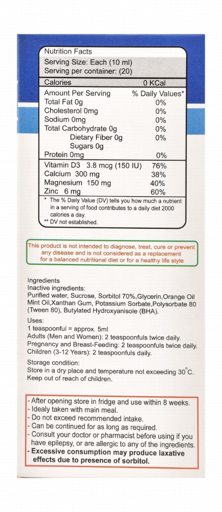 Genesis Healthy 300mg Calcium Bone Support Liquid Supplement Orange Flavor with Magnesium, Zinc & Vitamin D