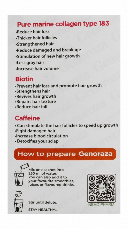Genoroza 9g Marine Collagen Type 1 & 3 Nail Strengthening & Hair Follicles Circulation Promoting & Stimulating Support Supplement with Biotin, Saw Palmetto & Folic Acid