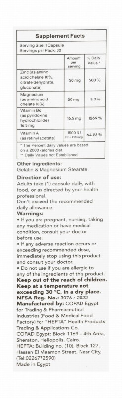 Hepta Zelia 50mg Zinc Antioxidant & Immune Support Supplement with Magnesium, Vitamin B6 & A