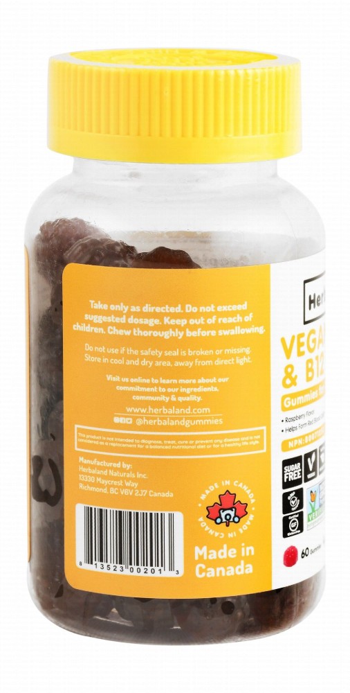 Herbaland 25mcg Vitamin D3 & 850mcg B12 Gummy Supplements Raspberry Flavor for Red Blood Cell Production - vegan, sugar free, gluten free